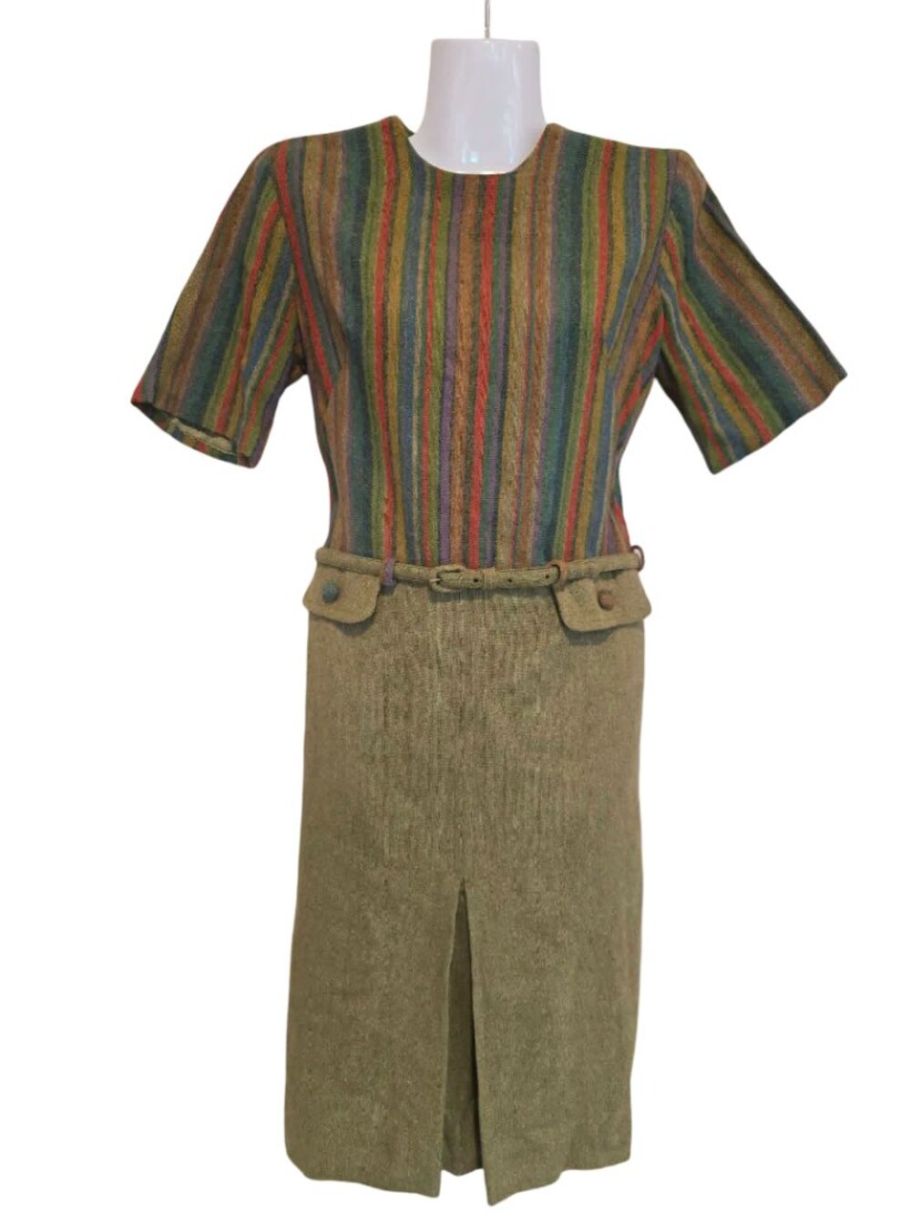 Vintage 1960s Candy Jrs Striped Wool Dress with Belt: Rainbow Button and pockets